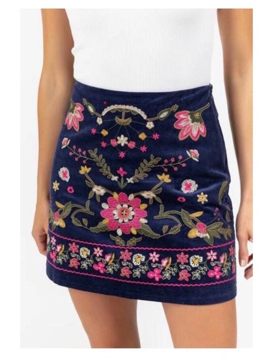 Harper Dresses & Skirts - Navy Mini Skirt with Pink & Green Floral Embroidery